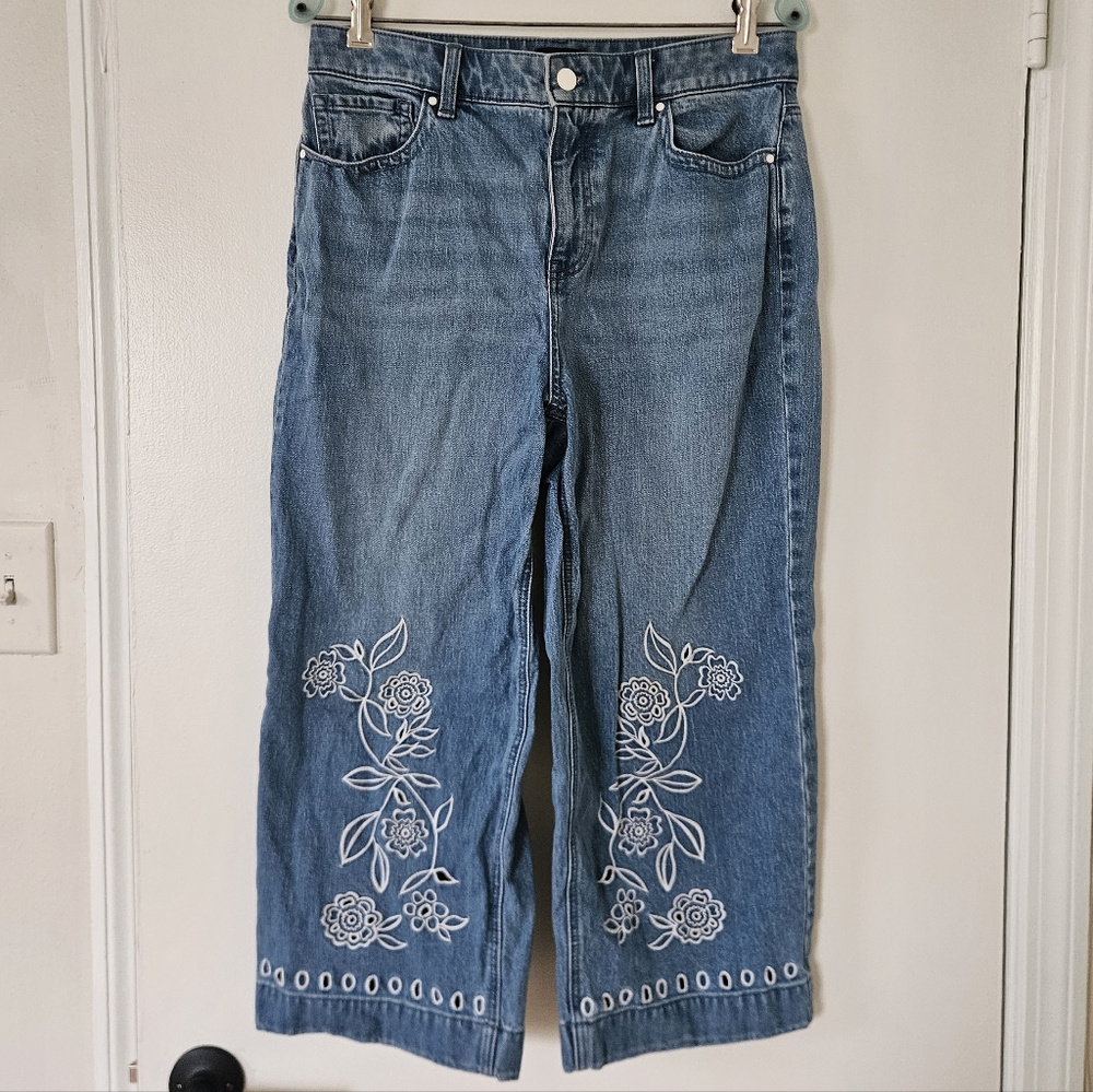 Talbots Womens Jeans 10P Wide Leg Crop Floral Embroidery Cottage Boho Coastal